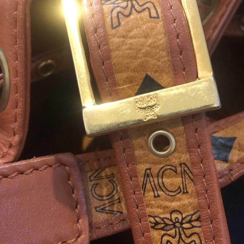 MCM Visetos Cognac Leather Monogram Bucket Drawstring Crossbody Bag EUC